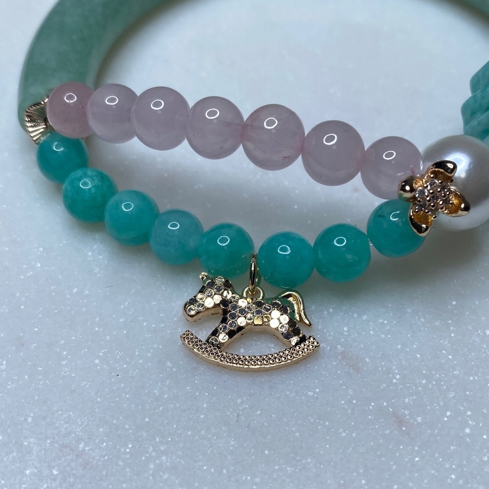 Amazonite Half Bangle Bracelet • Hand-Carved Amazonite Flower & Rose Quartz Duo - Picture 4 of 8